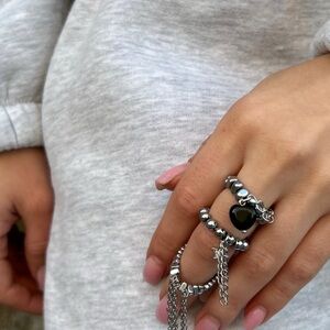 Crystal & Metal Adjustable Rings – Handmade Set